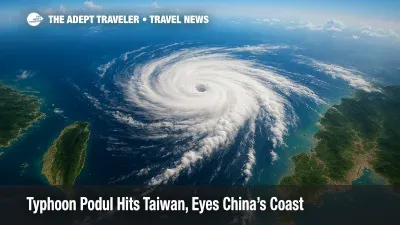 Oblique satellite-style view of Typhoon Podul spanning the Taiwan Strait with cloud bands rotating toward Fujian, illustrating regional travel impacts.