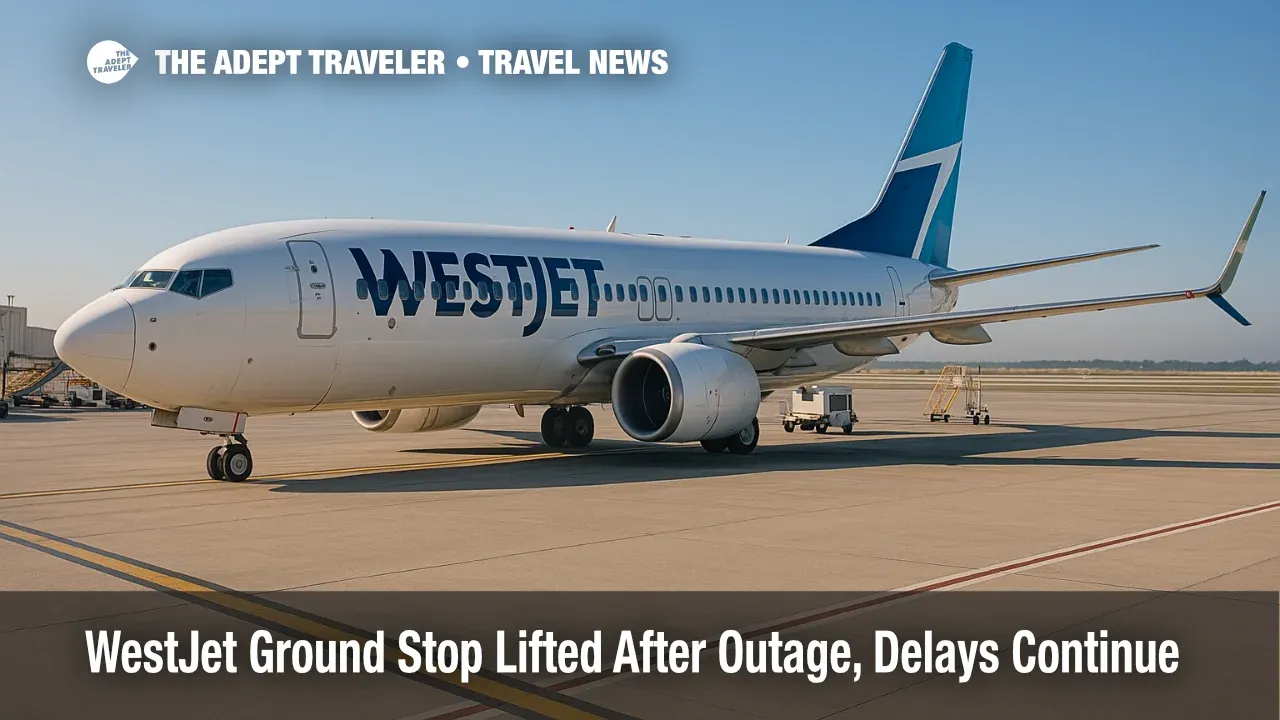 A WestJet 737 sits at a Toronto Pearson gate as operations recover after a system outage and ground stop, with ground crews staging equipment.