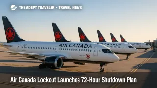 Five Air Canada planes sit idle in a neat row at airport gates under clear blue skies during the Air Canada lockout.