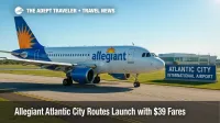 An Allegiant jet at Atlantic City International, illustrating new Florida routes and \$39 introductory fares for Allegiant Atlantic City routes.
