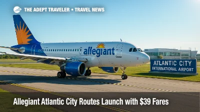 An Allegiant jet at Atlantic City International, illustrating new Florida routes and \$39 introductory fares for Allegiant Atlantic City routes.