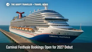 A new Excel class cruise ship, Carnival Festivale, docked at Port Canaveral with bright skies highlighting its family friendly water park features.