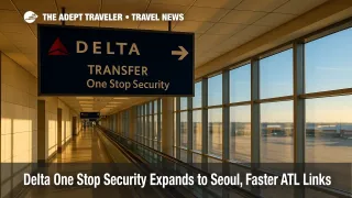 Delta transfer corridor at ATL shows wayfinding for One Stop Security, supporting faster connections and Touchless ID for TSA PreCheck travelers.