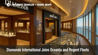 Luxury retail on Oceania Allura with Diamonds International showcases Breitling and Crown of Light jewelry for upscale cruise shoppers.