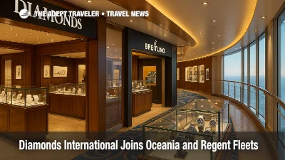 Luxury retail on Oceania Allura with Diamonds International showcases Breitling and Crown of Light jewelry for upscale cruise shoppers.