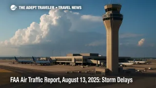 A busy U.S. airport tower with storm clouds building in the distance, illustrating delays in the FAA Air Traffic Report.
