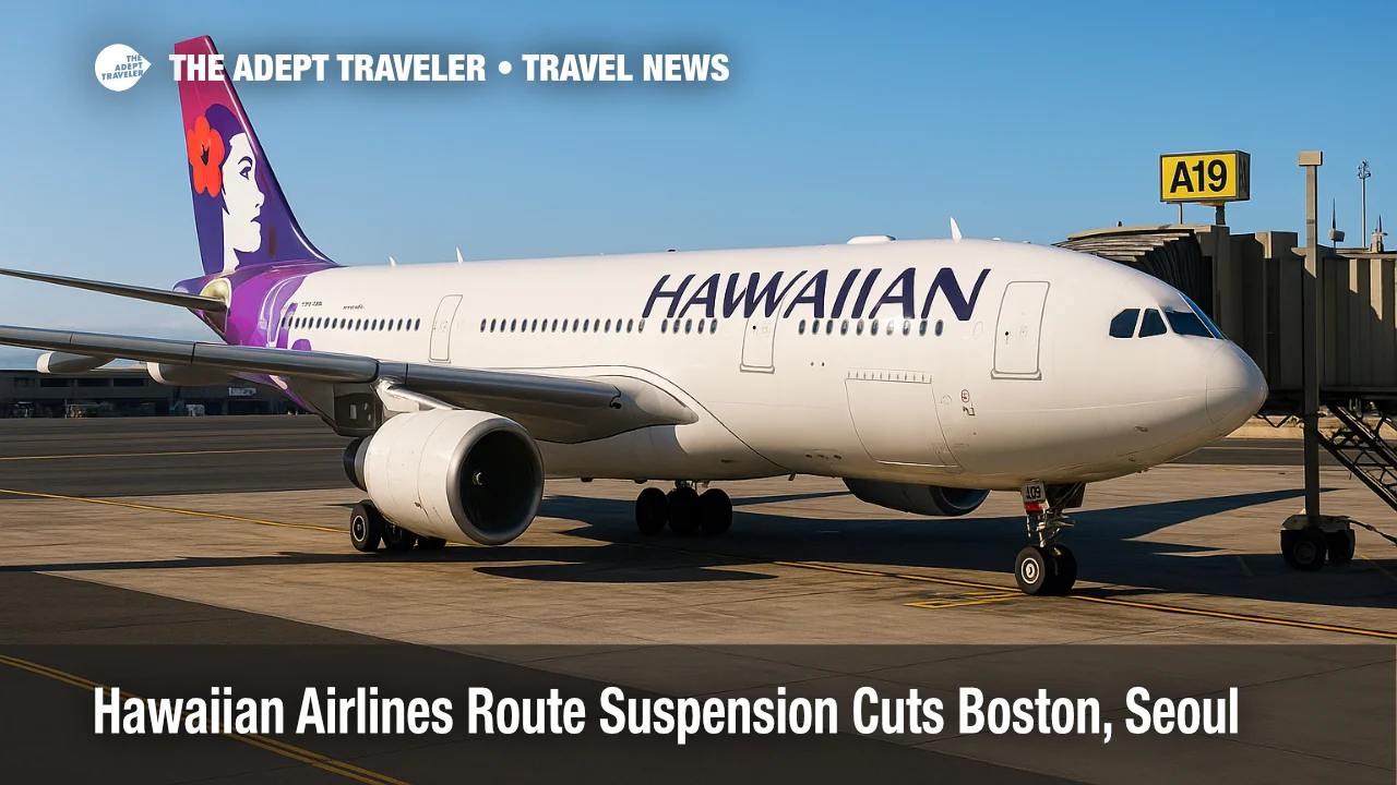 A Hawaiian Airlines widebody at Daniel K. Inouye International Airport illustrates a Hawaiian Airlines route suspension and capacity redeployment story.