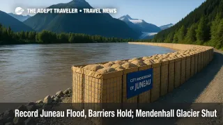 Temporary barriers line the Mendenhall River as a record glacial outburst flood closes the Mendenhall Glacier recreation area near Juneau.