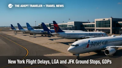 A row of parked jets at JFK under stormy skies illustrates New York flight delays and Ground Delay Programs affecting Northeast travel.