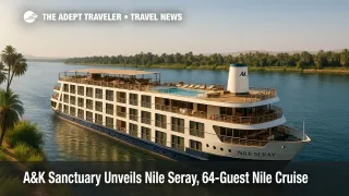 A&K Sanctuary's Nile Seray cruises the Nile at golden hour, a luxury Nile cruise ship with pool deck, canopied daybeds, and wide river views.