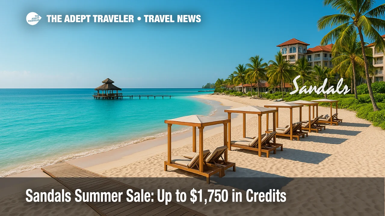 An inviting Sandals beachfront with turquoise water and cabanas, promoting the Sandals summer sale and all-inclusive Caribbean resort deals.
