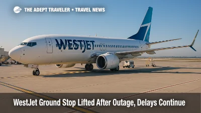 A WestJet 737 sits at a Toronto Pearson gate as operations recover after a system outage and ground stop, with ground crews staging equipment.