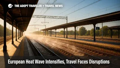 Heat-haze above European rail lines as travelers face heatwave travel disruptions and wildfire risk during a severe European heat wave.