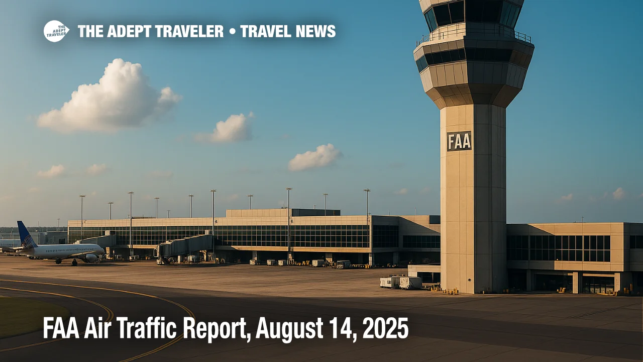 An FAA control tower overlooks a busy ramp under building clouds, illustrating nationwide delays in today's FAA Air Traffic Report.