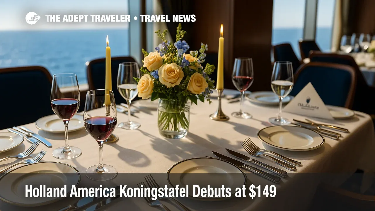 A styled chef's table in Holland America's Dining Room set for the six course Koningstafel experience, with elegant settings and wine pairings.