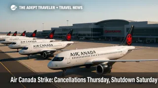 A row of idle Air Canada jets on the Toronto Pearson ramp during strike cancellations, illustrating traveler rights and rebooking options.