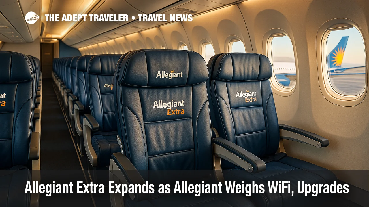 Allegiant Extra cabin section with extra legroom seats and reserved bin space on a 737 MAX, highlighting premium-lite comfort for leisure travelers.