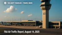 An FAA control tower overlooks a busy ramp under building clouds, illustrating nationwide delays in today's FAA Air Traffic Report.