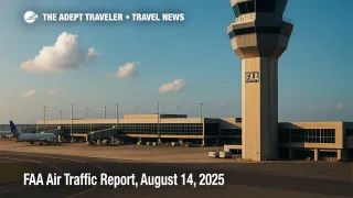 An FAA control tower overlooks a busy ramp under building clouds, illustrating nationwide delays in today's FAA Air Traffic Report.