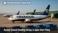 A busy Ryanair ramp at a Spanish base during the ground handling strike, with baggage carts staged and gates occupied, illustrating EC 261 travel impacts.