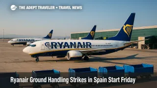 A busy Ryanair ramp at a Spanish base during the ground handling strike, with baggage carts staged and gates occupied, illustrating EC 261 travel impacts.
