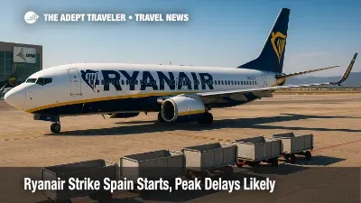 Ryanair aircraft stand on a busy Spanish ramp as baggage carts queue, illustrating Azul Handling walkouts and the Ryanair strike in Spain.
