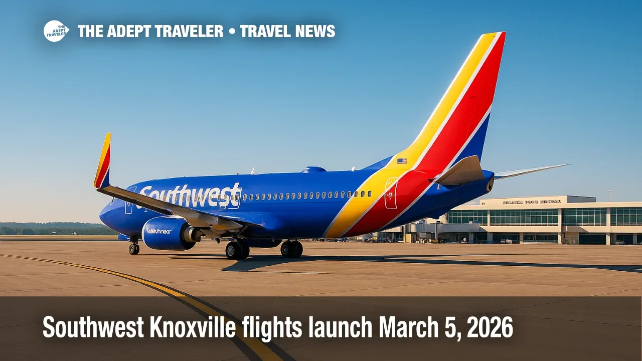 Southwest 737 at Knoxville's McGhee Tyson ramp under clear skies, showcasing new Southwest Knoxville flights to Nashville, Baltimore, Dallas, and Orlando.