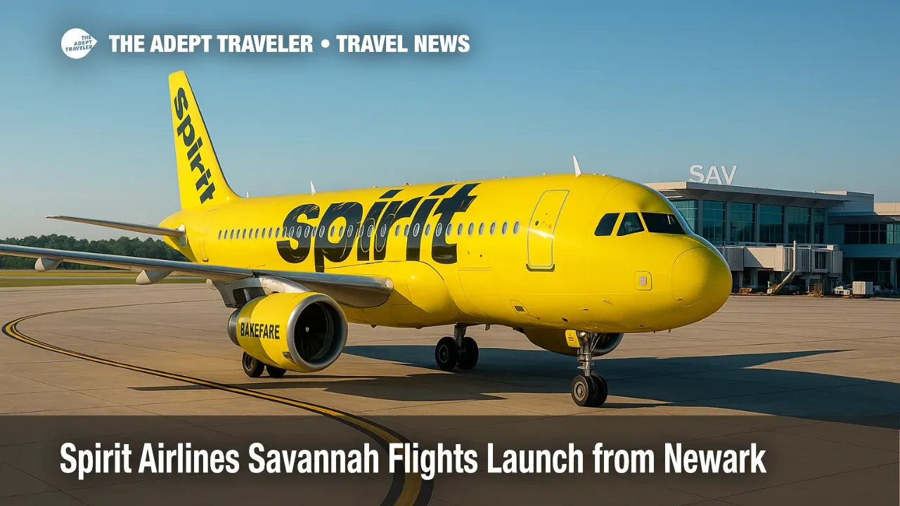 A Spirit Airlines A320 at Savannah airport on a clear morning, highlighting the new Newark connection and fall expansion of Spirit Airlines Savannah flights.
