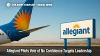Allegiant aircraft tail at a sunlit ramp illustrating union tensions over management in an Allegiant pilots vote of no confidence story.
