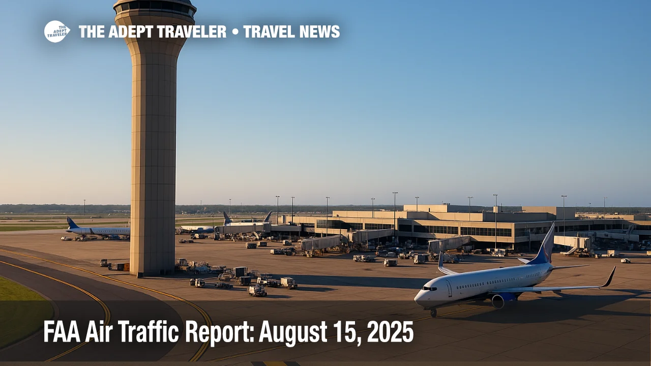 An FAA tower overlooks a busy ramp under clear skies, illustrating nationwide flight delays and programs in today’s FAA air traffic report.