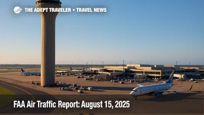 An FAA tower overlooks a busy ramp under clear skies, illustrating nationwide flight delays and programs in today’s FAA air traffic report.
