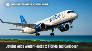 JetBlue Airbus A220 lifting off under clear skies, illustrating JetBlue new routes and expanded Florida flights for the 2025 winter schedule.