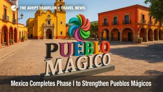A colorful colonial plaza in Mexico's Pueblos Mágicos program, showing preserved architecture that supports sustainable tourism goals.