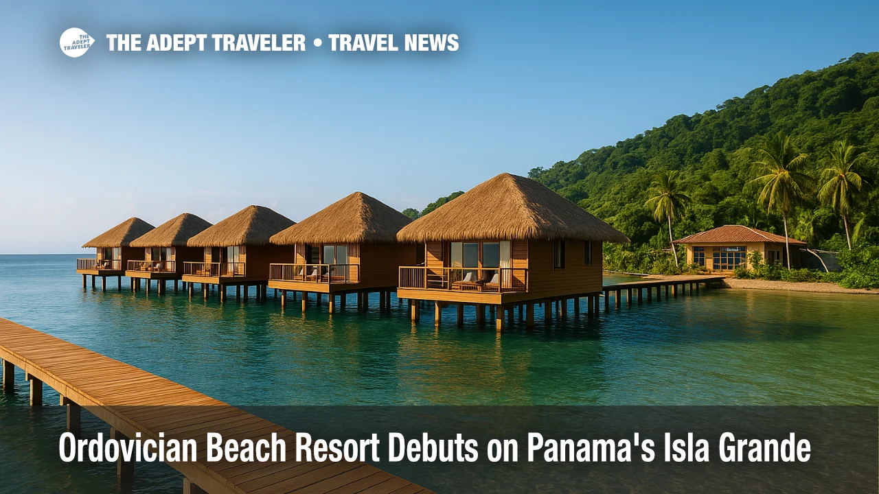 Overwater bungalows on Isla Grande glow in late-morning light, showcasing a new luxury stay at Ordovician Beach Resort in Panama.