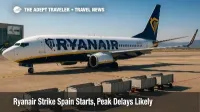 Ryanair aircraft stand on a busy Spanish ramp as baggage carts queue, illustrating Azul Handling walkouts and the Ryanair strike in Spain.