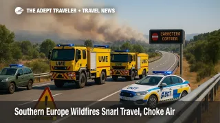 Fire crews and patrol vehicles manage a smoke-hazed highway closure in Galicia, capturing Southern Europe wildfires and related travel disruptions.