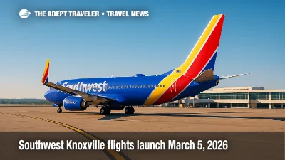 Southwest 737 at Knoxville's McGhee Tyson ramp under clear skies, showcasing new Southwest Knoxville flights to Nashville, Baltimore, Dallas, and Orlando.