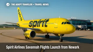 A Spirit Airlines A320 at Savannah airport on a clear morning, highlighting the new Newark connection and fall expansion of Spirit Airlines Savannah flights.