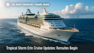 A Royal Caribbean ship steams through gentle Atlantic swells with distant storm clouds, illustrating Tropical Storm Erin cruise updates and routing changes.