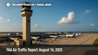 A busy ramp beneath an FAA control tower as storms build, illustrating airport delays in the FAA daily air traffic report.
