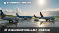 A rain-slick ramp at SXM with grounded jets as Hurricane Erin cancellations spread across the northern Leewards and Puerto Rico.