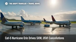 A rain-slick ramp at SXM with grounded jets as Hurricane Erin cancellations spread across the northern Leewards and Puerto Rico.