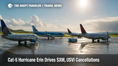 A rain-slick ramp at SXM with grounded jets as Hurricane Erin cancellations spread across the northern Leewards and Puerto Rico.