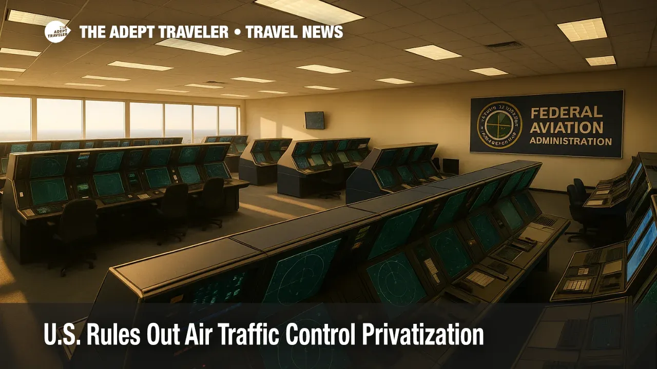 A modern FAA control room with active radar scopes illustrates the debate over air traffic control privatization.