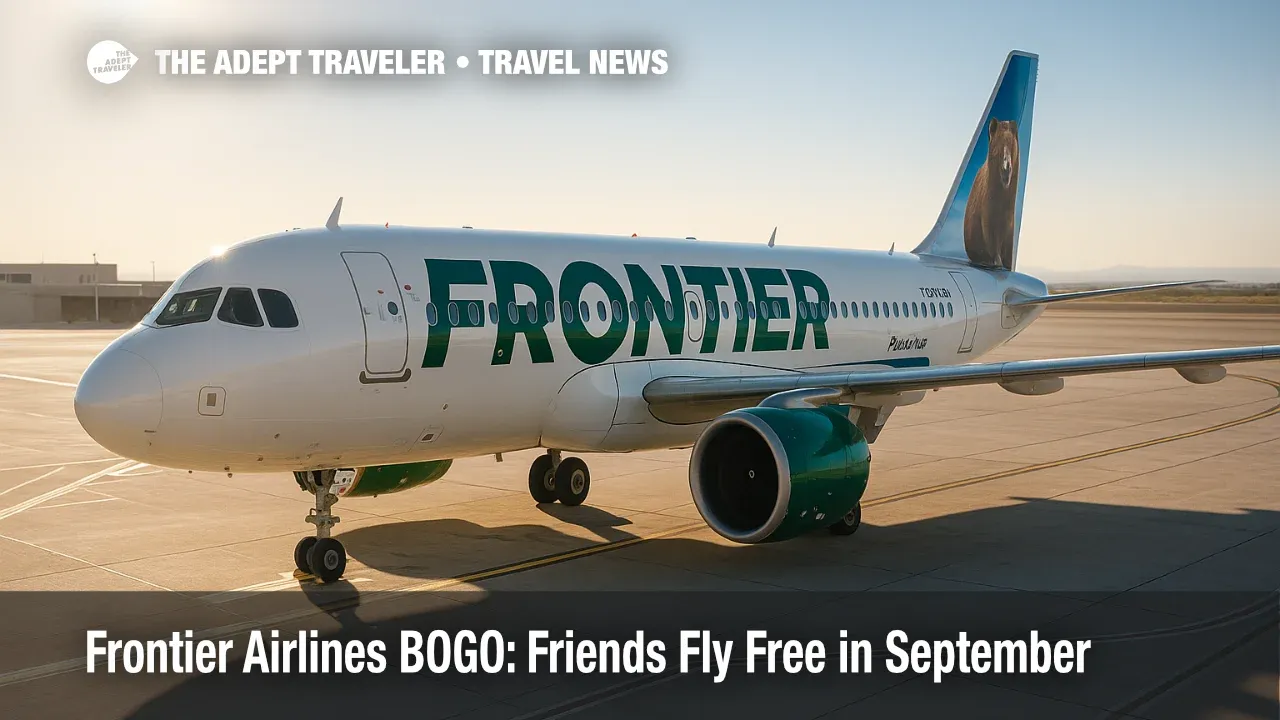 Frontier Airlines A320neo at a sunny gate highlights the September friends fly free sale and Discount Den companion deal.