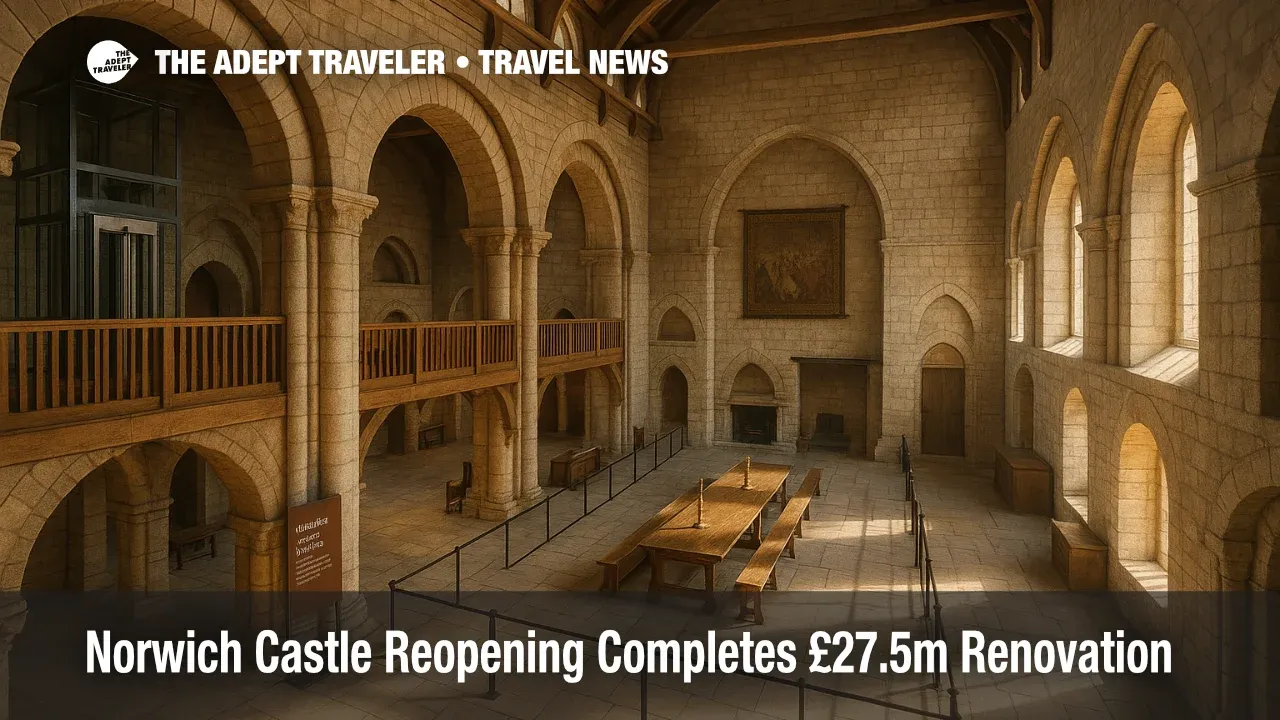 Visitors explore the rebuilt great hall during the Norwich Castle reopening, with stone arches, period furnishings, and accessible walkways visible.