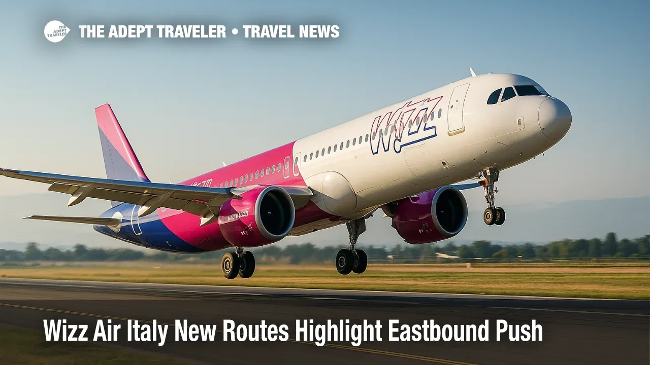A Wizz Air A321neo departs Milan Bergamo Airport at midday, illustrating ultra-low-cost eastbound growth and the Venice-Tallinn route.