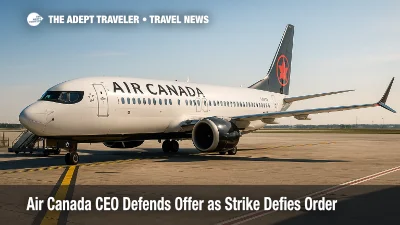 An Air Canada jet sits idle at a gate during the flight attendant strike, illustrating cancellations and the ongoing Air Canada strike.