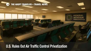 A modern FAA control room with active radar scopes illustrates the debate over air traffic control privatization.