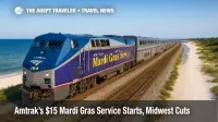 An Amtrak train on the Gulf Coast glides past beaches under clear skies, promoting the new Amtrak Mardi Gras Service with $15 starter fares.